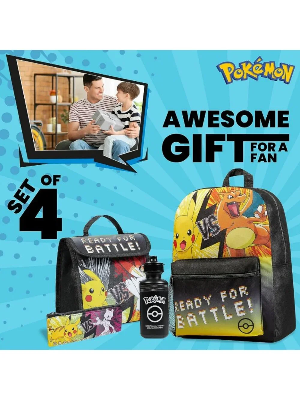 Kids Anime Backpack Set - 4 Pcs with Water Bottle, Pencil Case & Lunch Bag